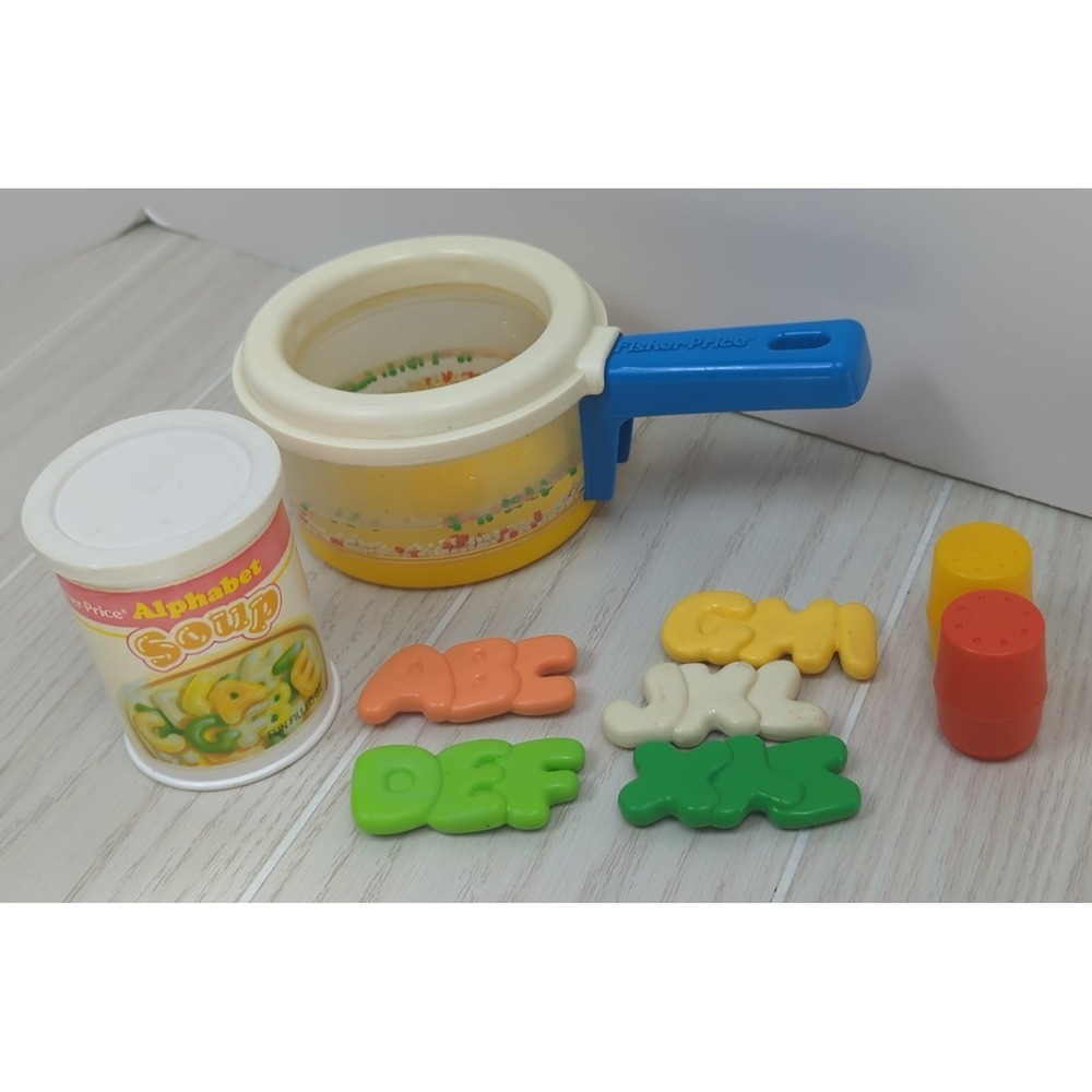 Fisher Vintage Price Fun With Food alphabet soup pot set salt pepper READ USED